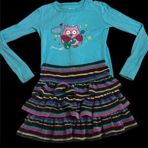 Hanna Anderson stripe velour skirt & Gap owl teal blue tee sz 10 girls cute fun